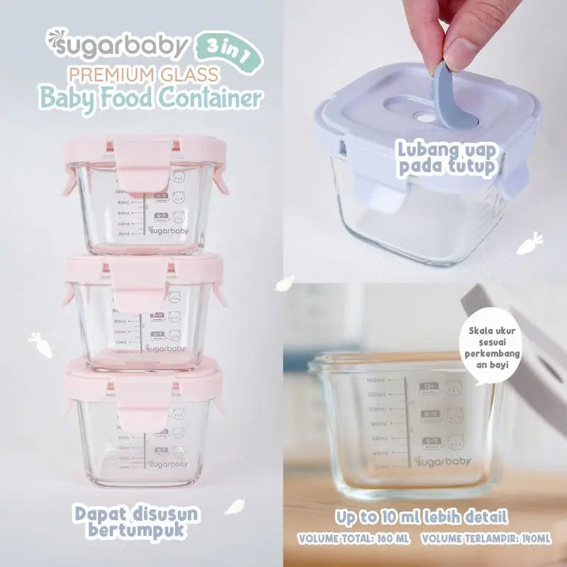 SUGARBABY Premium Glass Jar Baby Food Container 3 pcs BPA FREE | SugarBaby Peralatan Makan Bayi MPASI | Sugar Baby Wadah Mangkok Bayi Silicone Lid & Plastic Lid 6