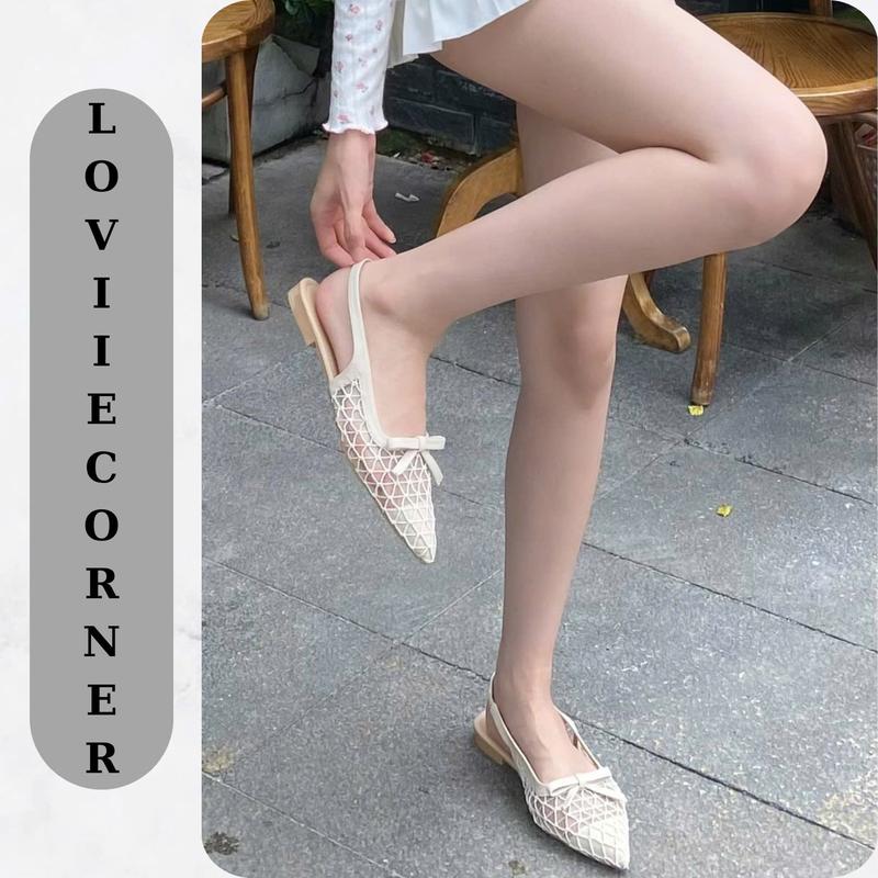  LOVIIECORNER - FORM TO - GIÀY SANDAL LƯỚI BÍT MŨI NHỌN ĐÍNH NƠ - SANDAL lolita đi học NỮ  MÙA HÈ ĐẾ THẤP MŨI NHỌN HỞ HẬU ĐẾ 2CM - GIÀY SANDAL LƯỚI THỜI TRANG HÀN QUỐC- S250703 dép bệt guốc 