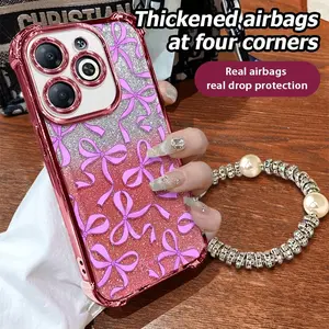 XWBDDFSK183 casing hp For Infinix Hot 40i antifall phone case Beautiful pink bow tie soft Electroplated shell with lanyard antifall