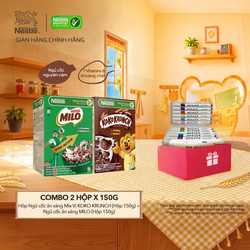Nestlé VN Combo 2 Hộp Ngũ cốc ăn sáng/Bánh ăn sáng Mix Vị KOKO KRUNCH (Hộp 150g) + Ngũ cốc ăn sáng/Bánh ăn sáng MILO (Hộp 150g)-LS