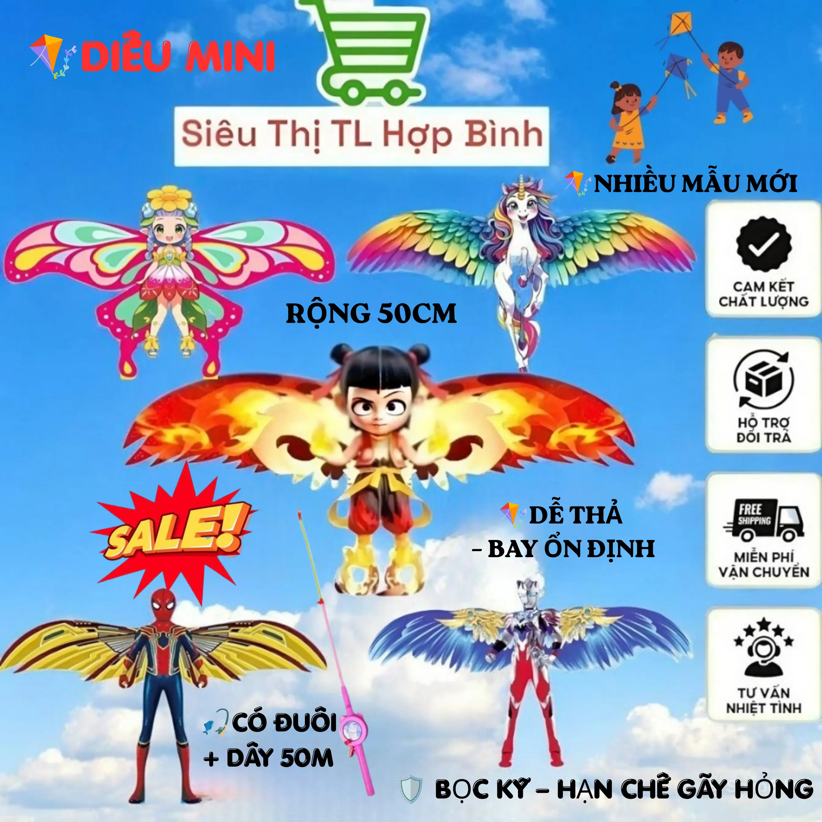 Diều Mini 3D Hoạt Hình 50cm Có Cần Câu Kèm Dây 50m – Diều Trẻ Em Dễ Bay, Đồ Chơi Ngoài Trời Cho Bé