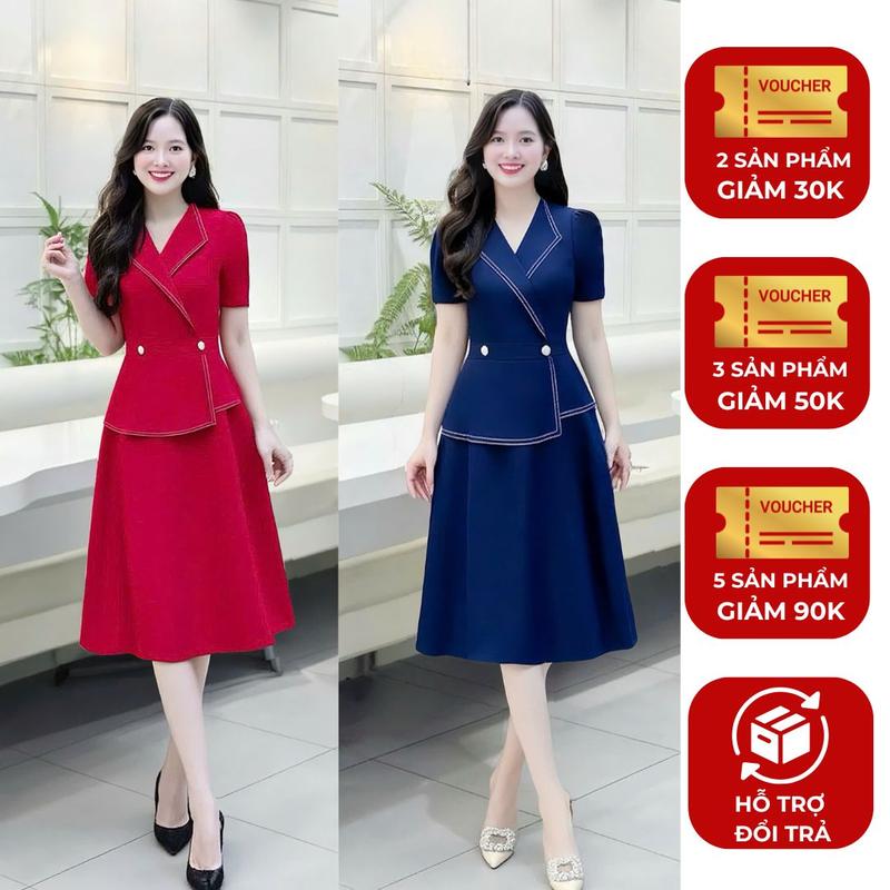 Đầm nữ thiết kế Nhật Vy peplum viền chỉ đính nút kiểu form dáng xoè chất lụa phù hợp dự tiệc - D3174 Women Dress Nhung Đỏ