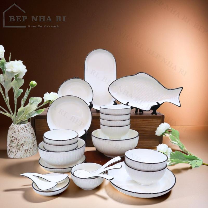 [Huyen3Con + Bep Nha Ri] Bộ bát đĩa màu trắng viền đen gốm sứ CERAMIC - TẶNG Đĩa Cá siêu xinh - Decor trang trí nhà bếp