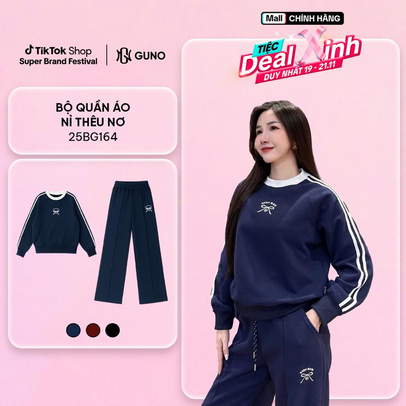 GUNO-Bộ quần áo nỉ NỮ GUNO THÊU NƠ 2 sọc tay quần suông SP5 |25BG164