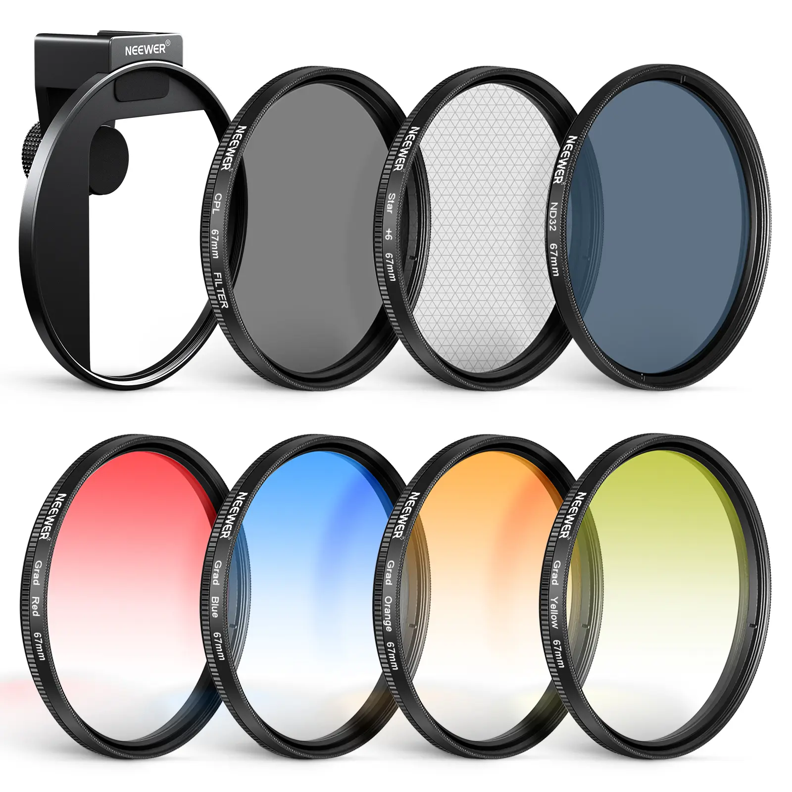NEEWER Clip On 67mm Phone ND Filter Kit, Upgraded Lens Clip Cold Shoe Mount/Locking Knob, CPL/ND32/6 Point Star/4 Graduated Color Filter Compatible with iPhone 16 15 Pro Max Plus 14 13 Samsung S23 S24