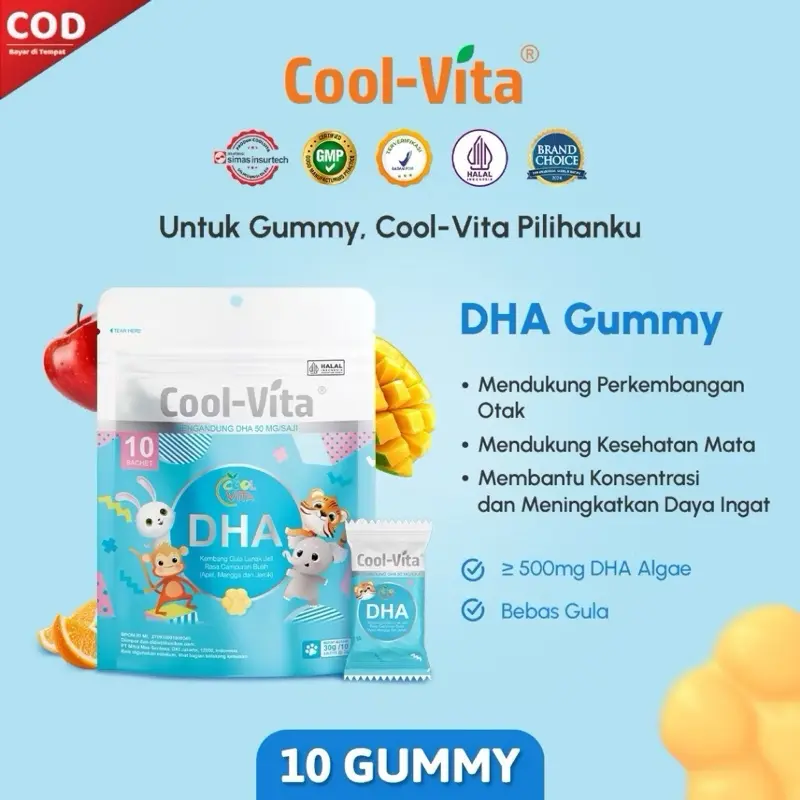 Coolvita 1 Pouch DHA Gummy Rasa Apel, Mangga, Dan Jeruk | Untuk Si Kecil Yang Aktif | Suplemen Kesehatan Otak