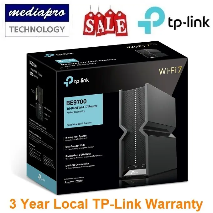 TP-Link Archer BE550 Pro BE9700 Tri-Band Wi-Fi 7 Router with 1× 10 Gbps WAN & 4x 2.5Gbps LAN ports , EasyMesh-Compatible ( BE550-PRO ) - 3 Year TP-Link Singapore Warranty
