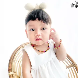 Amber Buddy | LE458 Kalung & Gelang Bayi Baltic Amber kombinasi Pink Lace Agate. 32cm & 14cm