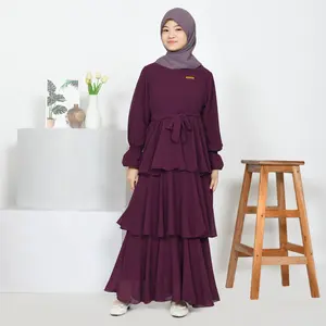 ELSAA Gamis pesta anak perempuan remaja tanggung muslim ceruty untuk usia 8 - 17 tahun long dress ceruti kekinian Baju BURGUNDY