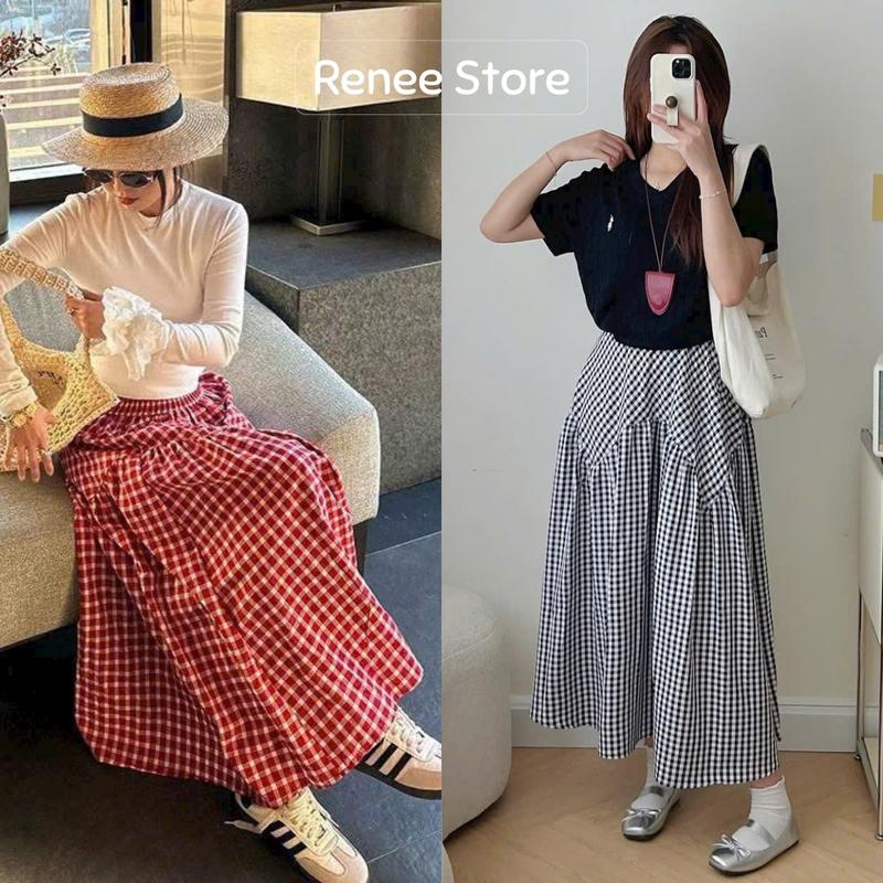 Chân váy midi kẻ caro dáng xòe, váy dáng dài lưng chun Renee Store - V0110