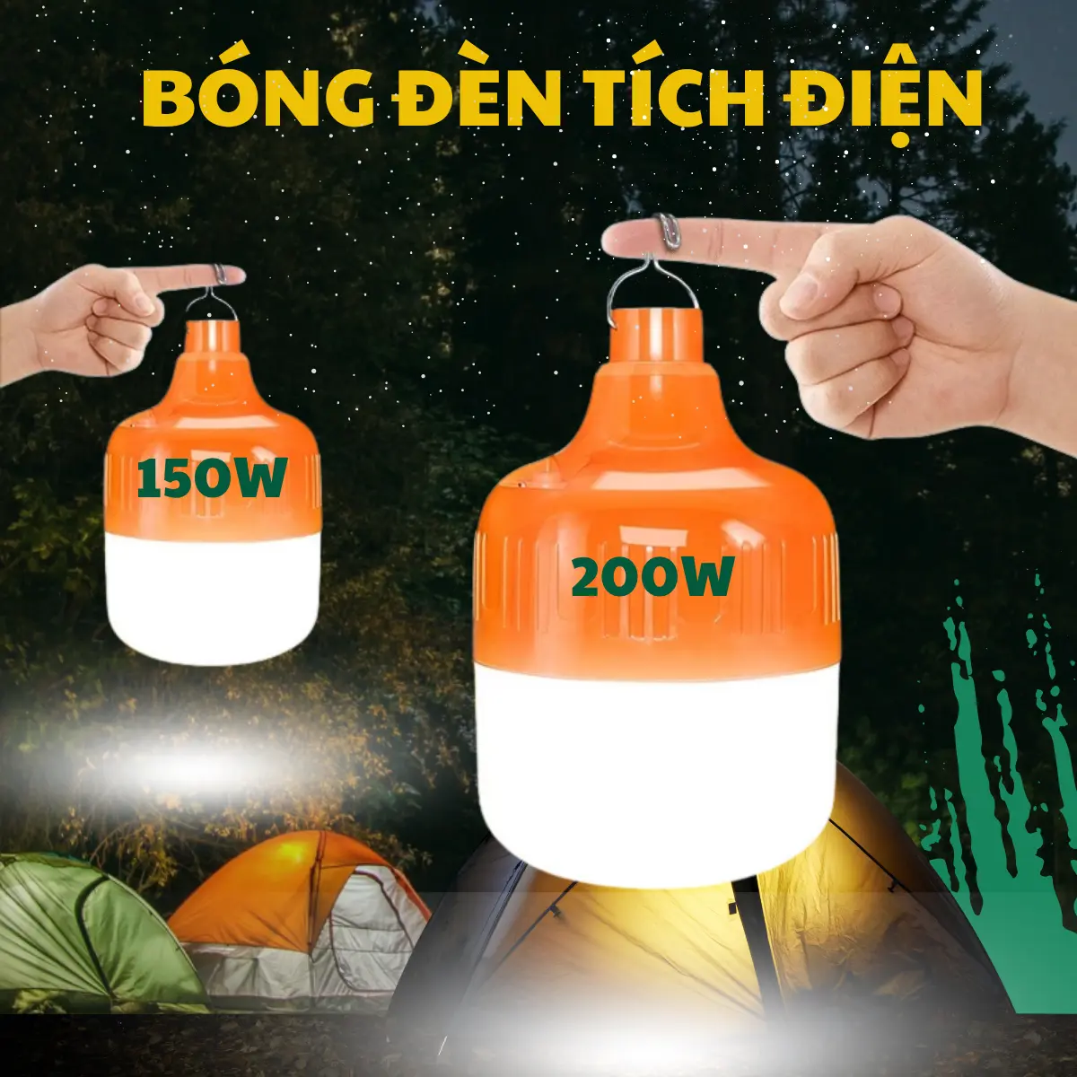 Bóng đèn tích điện công suất 150W-200W siêu sáng, Bóng đèn led tích điện có móc treo tiện lợi