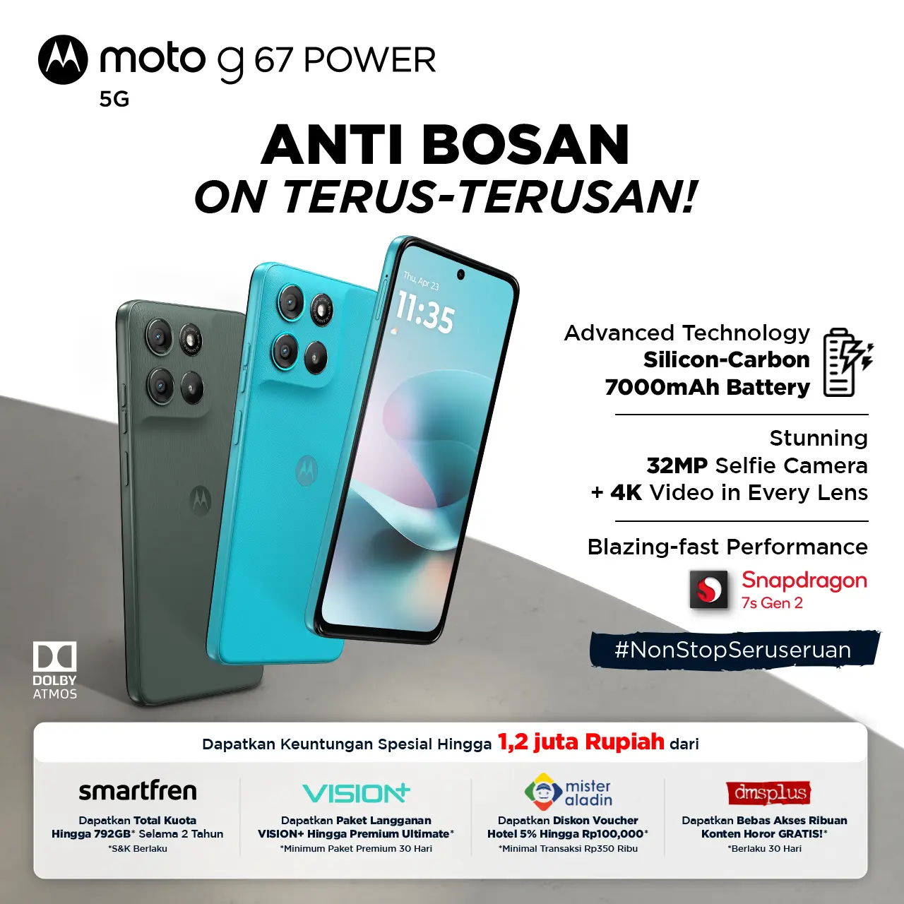 [Exclusive Bang Roy] Moto G67 Power 5G - RAMBoost 24GB/256GB -  Snapdragon7s Gen2 - 7000mAh SiliconCarbon - 50MP Sony LYTIA600 - 4K Semua Lensa - 32MP Selfie - 6.72" - IP64 GG7i MIL810H - Dolby Stereo