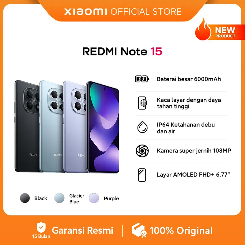 Xiaomi Redmi Note 15 (8/128 GB) (8/256 GB) | Baterai besar 6000mAh | Kaca layar dengan daya tahan tinggi | IP64 Ketahanan debu dan air | Kamera super jernih 108MP | Layar AMOLED FHD+ 6,77" | NFC [Xiaomi Official Store]
