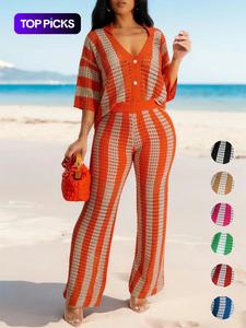 Conjunto de dos piezas para mujer con bloques de color y estampado de rayas, top con botones al frente y calados y pantalones de pierna ancha, top con cuello y hombros caídos y culottes de cintura alta para primavera y otoño, ropa de damas para uso diario