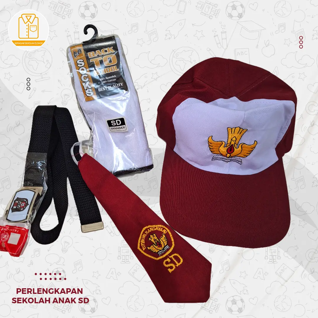 Atribut Sekolah SD Ada Topi Merah Putih bordir,Dasi sd cowok,ikat pinggang dan kaus kaki//topi sd//dasi laki-laki//gesper sd//kaus kaki sd