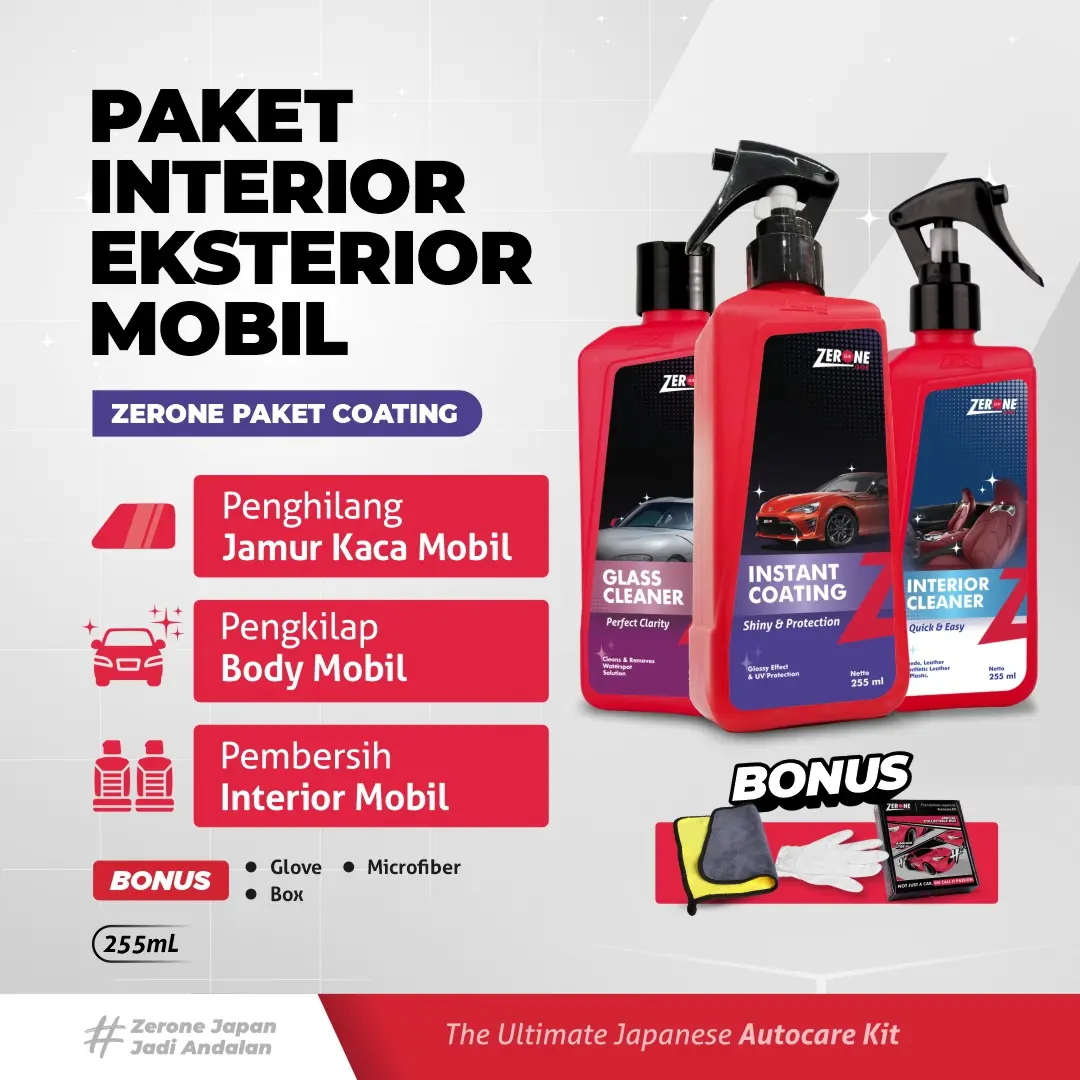 Zerone Japan Paket Coating Lengkap 255ml - Glass Cleaner Anti Jamur, Interior Cleaner, Instant Coating Pengkilap Mobil, Perlindungan Tahan Lama, Efek Glossy, Anti UV