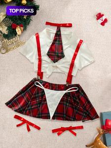 Conjunto de lencería con estampado de cuadros para mujer, compuesto por top corto con cuello, falda con liga, tanga, cinturón y ligas para los muslos, lencería para mujer para vacaciones, fiestas o cosplay