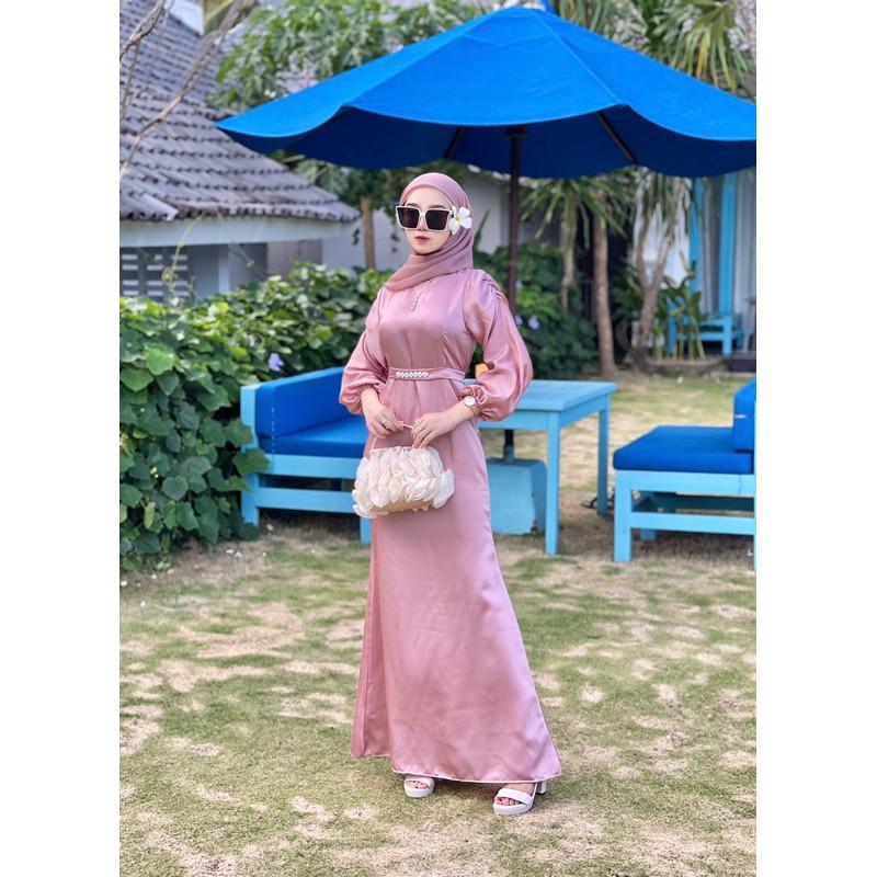 RINJANI DRESS GAMIS SATIN SILK TERMURAH PAKAIAN WANITA MUSLIM DRESS REMAJA PREMIUM FREE BELT PAYET DRESS POLOS MEWAH SIMPLE TERBARU 6