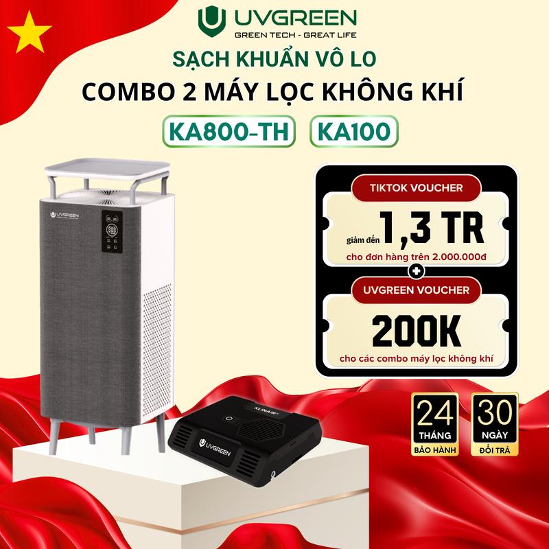 UVGREEN Combo Máy Lọc Không Khí Diệt Khuẩn UVC LED KA800-TH 80m2 + Máy Lọc Không Khí Ô Tô KA100 - Bộ Lọc HEPA H13, Bảo Hành 24 Tháng & 12 Tháng, Làm Sạch Không Khí Phòng Ngủ, Chống Vi Khuẩn, Ion Âm