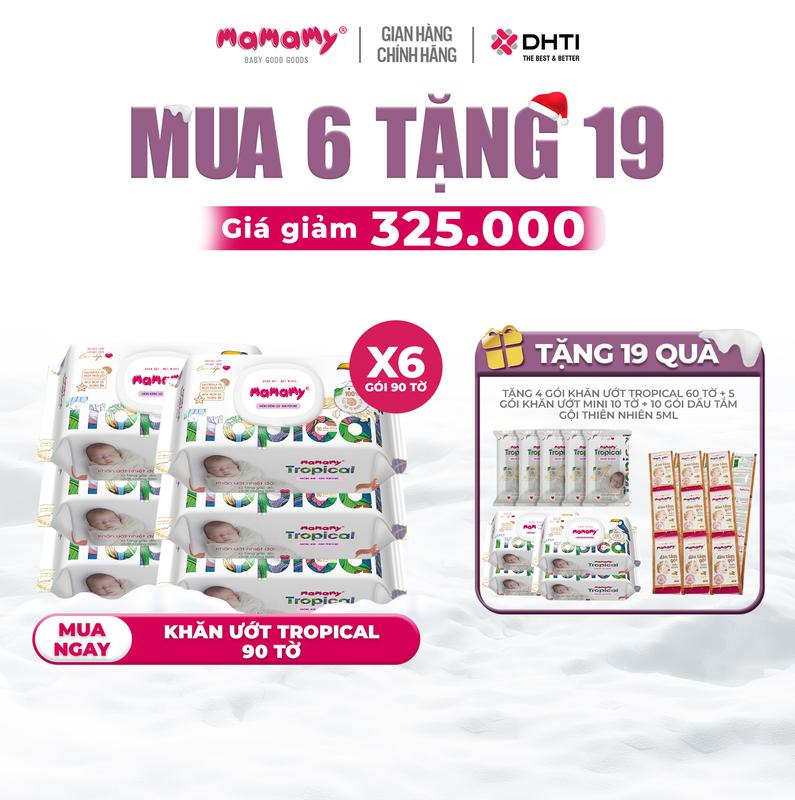   XQ  MUA 6 TẶNG 19  MUA 6 gói khăn ướt Mamamy Tropical 90 tờ TẶNG 4 gói khăn ướt Mamamy Tropical 60 tờ không hương thơm  + 5 gói khăn ướt mini 10 tờ không hương thơm  + 10 gói dầu tắm gội 5ml 