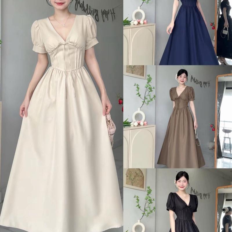   Bèo Béo Bigsize   Váy Thiết Kế Cổ V Đính Nơ Tiểu Thư Tay Bồng Thắt Eo Dáng Xoè Maxi Form Bigsize 60-90Kg - Nữ - Đi Tiệc 