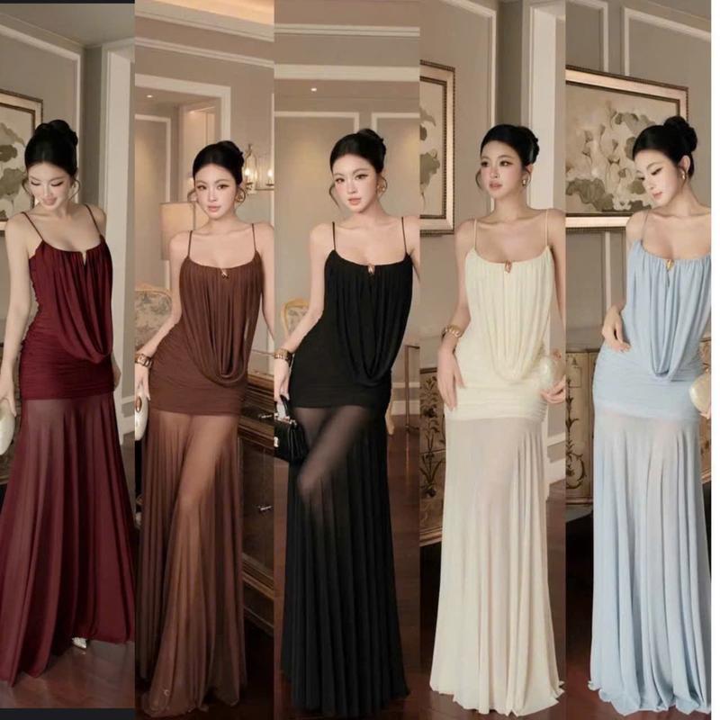 Đầm hai dây form dài cổ đổ ôm nhún KÈM TAG sang trọng Kho Sỉ Hải Chuyền Đ330