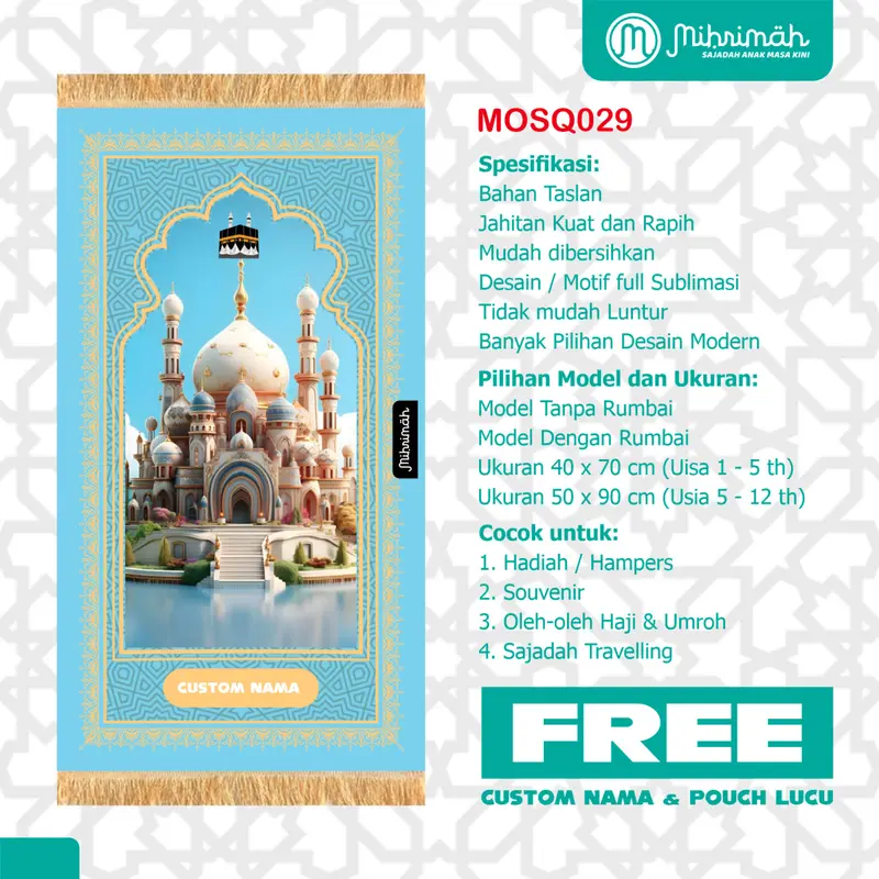 FREE CUSTOM NAMA - Sejadah Anak Perempuan anti Air- Design Trendi By Mihrimah - Mosque Series Series 4
