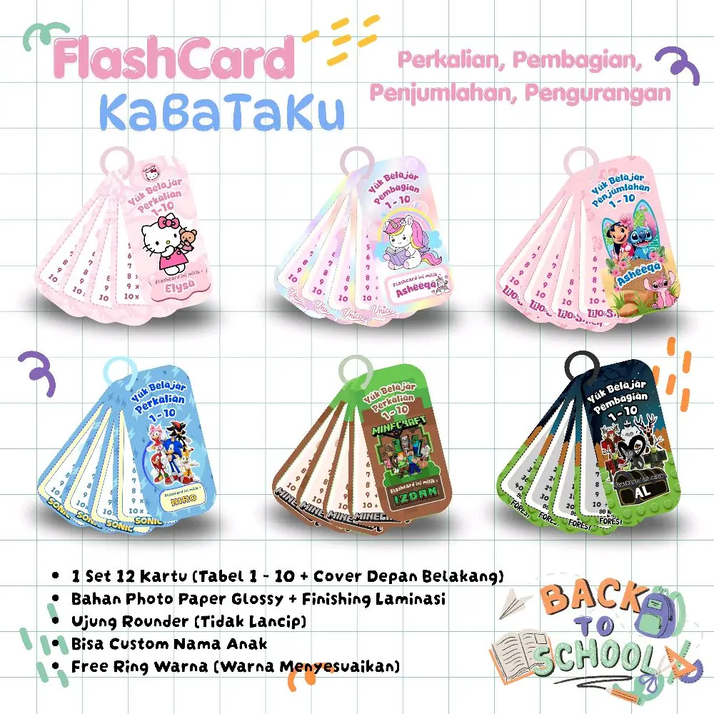 Back to School | FlashCard Matematika Perkalian Pembagian Penjumlahan Pengurangan Tabel Angka 1-10 Custom Nama