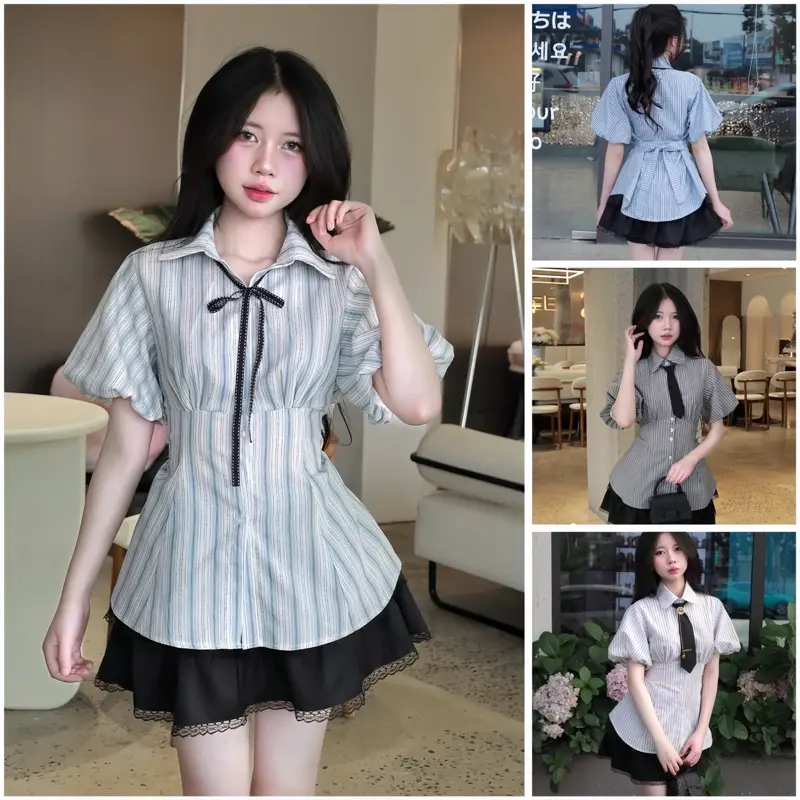 Áo Sơ Mi Kẻ Sọc tay Bồng Chiết Eo Tôn Dáng tặng kèm dây nơ ( Có Bigsize )[ Sơ Mi Quỳnh ]