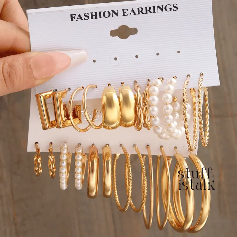 6 Set Anting Hoop Kotak Emas Perak Elegan Anting Mutiara Hati Untuk Aksesoris Perhiasan Wanita Alloy Gold Silver -A