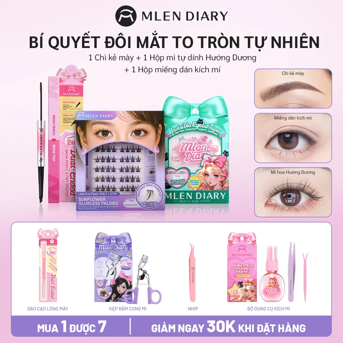 Mlen Diary Combo Hoàn Hảo Cho Đôi Mắt: Chì Kẻ Mày 2 Trong 1 + Mi Giả Tự Nhiên + Kích Mí. Tặng Kèm Full Dụng Cụ Làm Đẹp