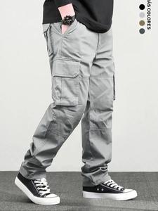 Pantalones cargo holgados de color liso con bolsillos y cintura con cordón para hombre, pantalones informales de pierna recta para uso al aire libre, senderismo, pesca, pantalones tejidos para todas las temporadas