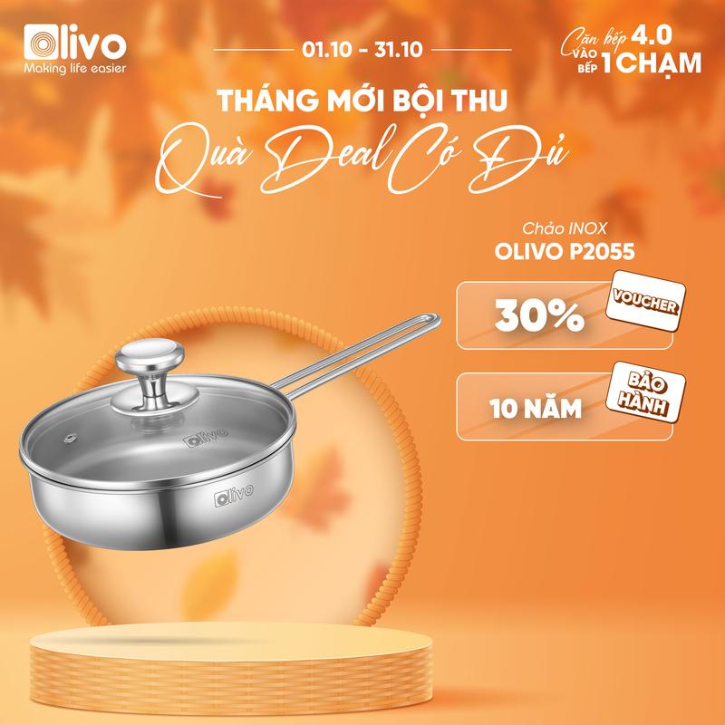 Chảo inox OLIVO P2055 kích thước 20cm thành cao 5.5cm - Chảo 3 lớp chống dính tự thân - Dùng cho mọi loại bếp - Thích hợp chiên rán xào