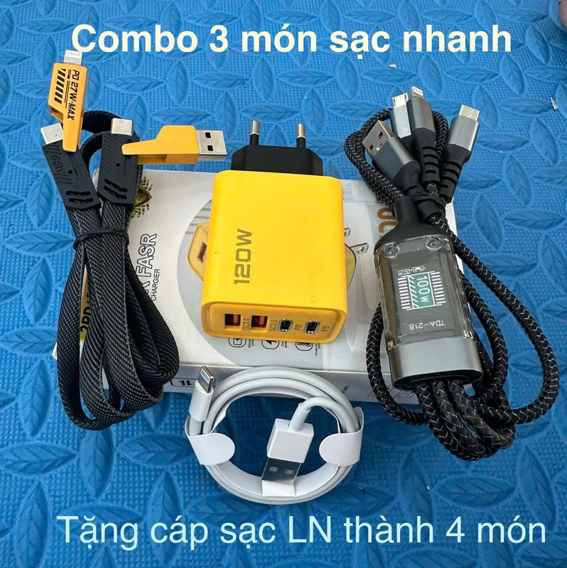 Combo 3 Món Sạc Nhanh gồm : Củ Sạc Nhanh 4 Cổng 120w, Cáp Sạc Nhanh 3 Đầu 100w, Cáp Sạc 4 Đầu ( Cáp 4in1 ). Tặng Cáp LN 6A - Phụ Kiện, Sạc Điện Thoại .