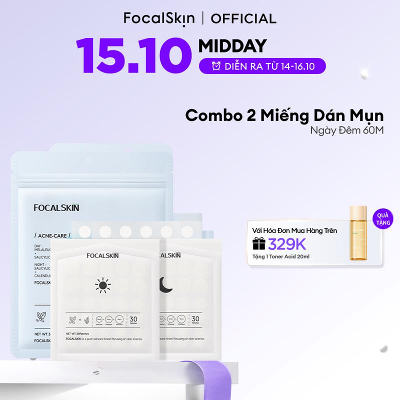 【COMBO 2 Dán Mụn FOCALSKIN Miếng dán mụn SalicylicAcid Hoa cúc 30 miếng ban ngày và 30 miếng ban đêm hỗ trợ hút nhân mụn và hỗ trợ che mụn trước khói bụi & makeup | Làm Đẹp Da Chăm Sóc Da Skincare Giảm Thâm