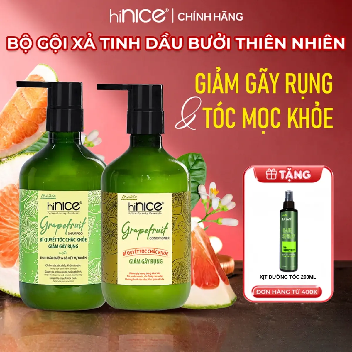 Bộ Dầu Gội Kem Xả Tinh Dầu Bưởi & Bồ Kết Thiên Nhiên hiNICE Grapefruit Dành Cho Tóc Gãy Rụng & Khô Xơ