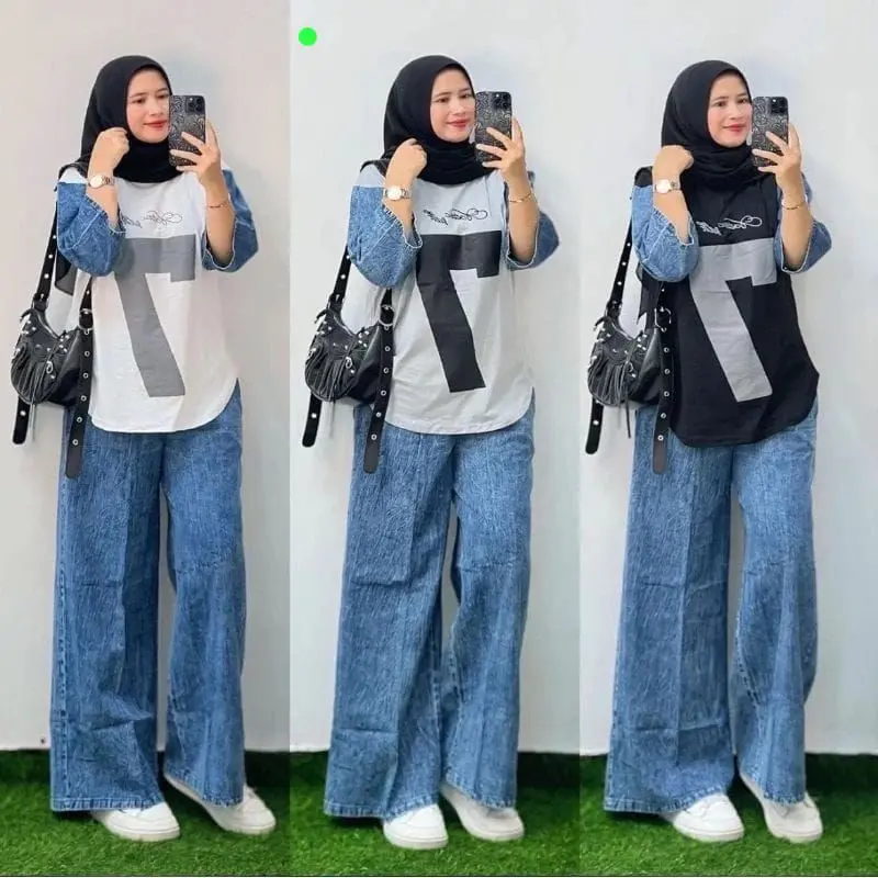 Adeva setelan combat kolaborasi dengan jeans Nyaman , setelan kaos dewasa wanita 1
