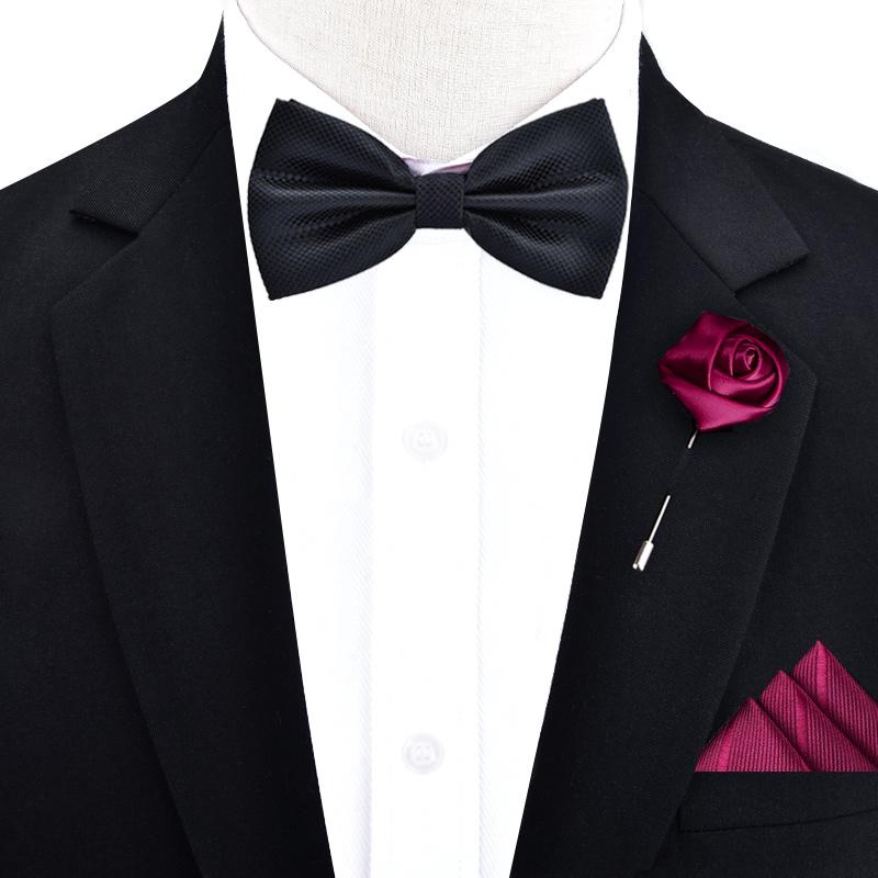 Product Introduction of Groom's Wedding Tie Pocket Scarf Square Scarf Chest Needle Breast Flower Three piece Set Red Bow Men's Black Gentleman 9