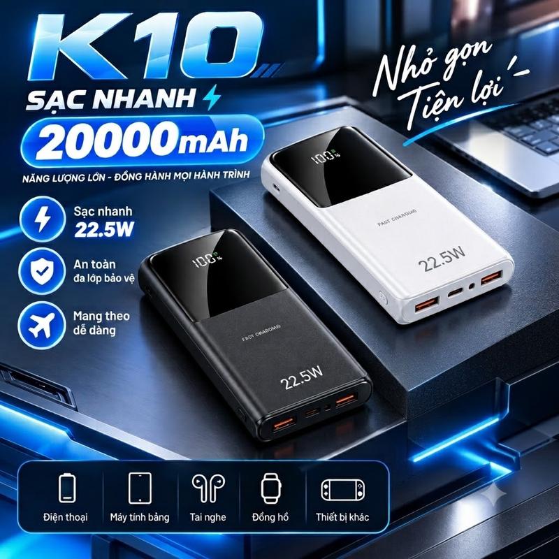 Sạc dự phòng 20.000mAh Hỗ Trợ Sạc Nhanh Tối Đa 22.5W Sạc Đa Năng Cho Nhiều Thiết Bị