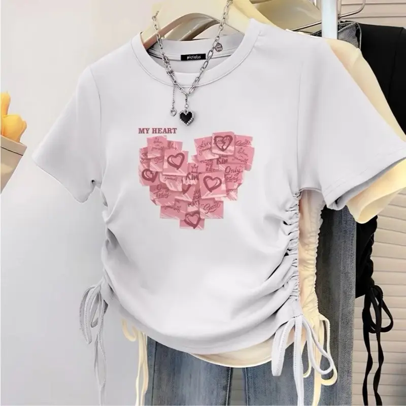 Crop Top  Serut wanita motif MY HEART kaos wanita crop top korean Tshirt Atasan 2