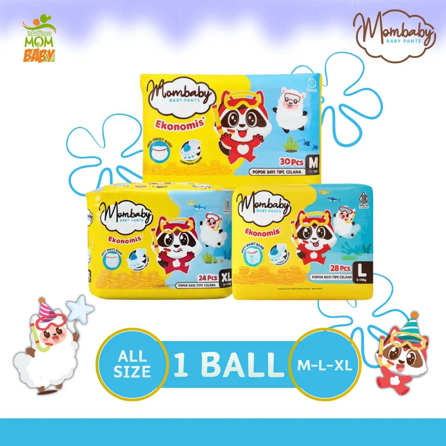 Mombaby Pants Ekonomis / Lebih Hemat 1 Ball Size M30 / L28 / XL24 | Mom Baby Pants Celana