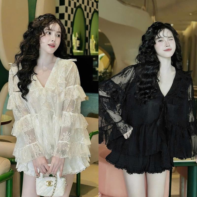 Đàm váy nữ áo ren babydool tiểu thư xếp ly tầng mix chân váy ngắn viền ren xinh xắn cho nàng đi chơi,đi dạo phố