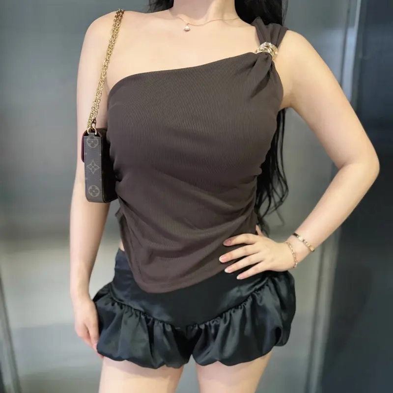 Luxia Bross Atasan Wanita One Shoulder Bahan Lembut Baju Crop Stylish variasi 15