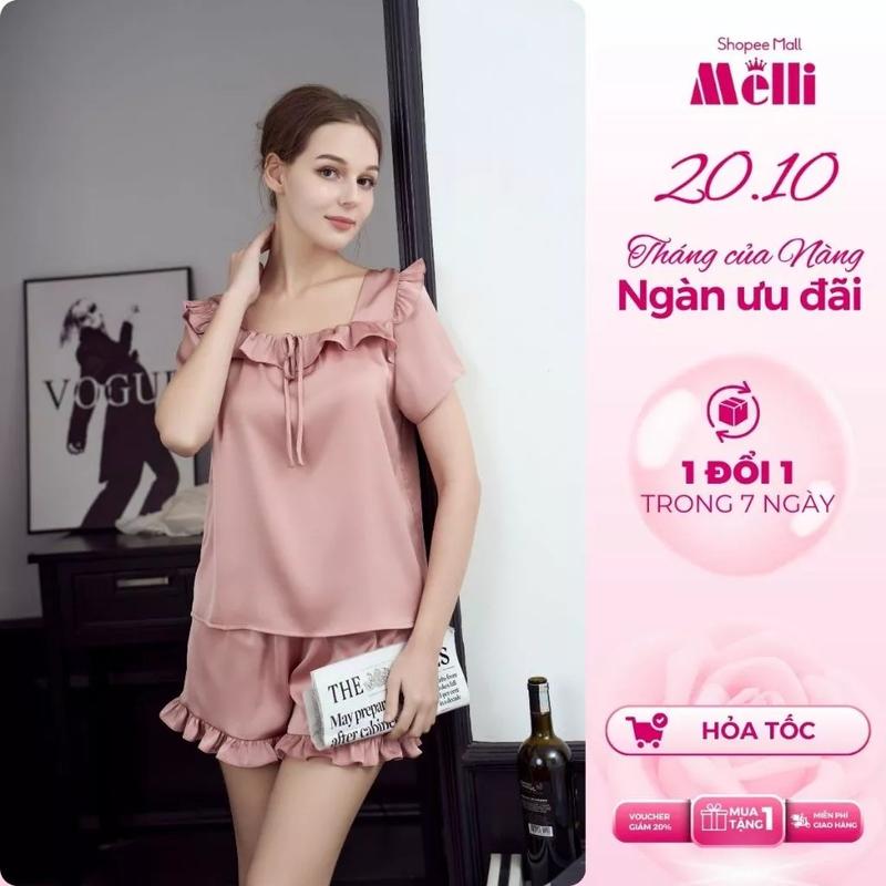 Bộ ngủ nữ babydoll cổ vuông phối bèo chất lụa Latin Pháp cao cấp mềm mại thoải mái CELENE SET