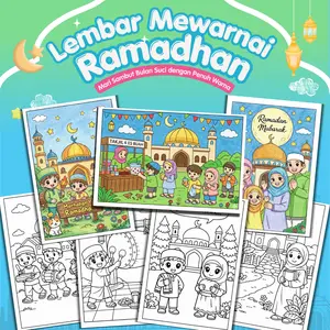 40 Lembar Mewarnai Ramadhan Anak | HVS 100 GSM A4 A5 | Kertas Mewarnai Anak Islam