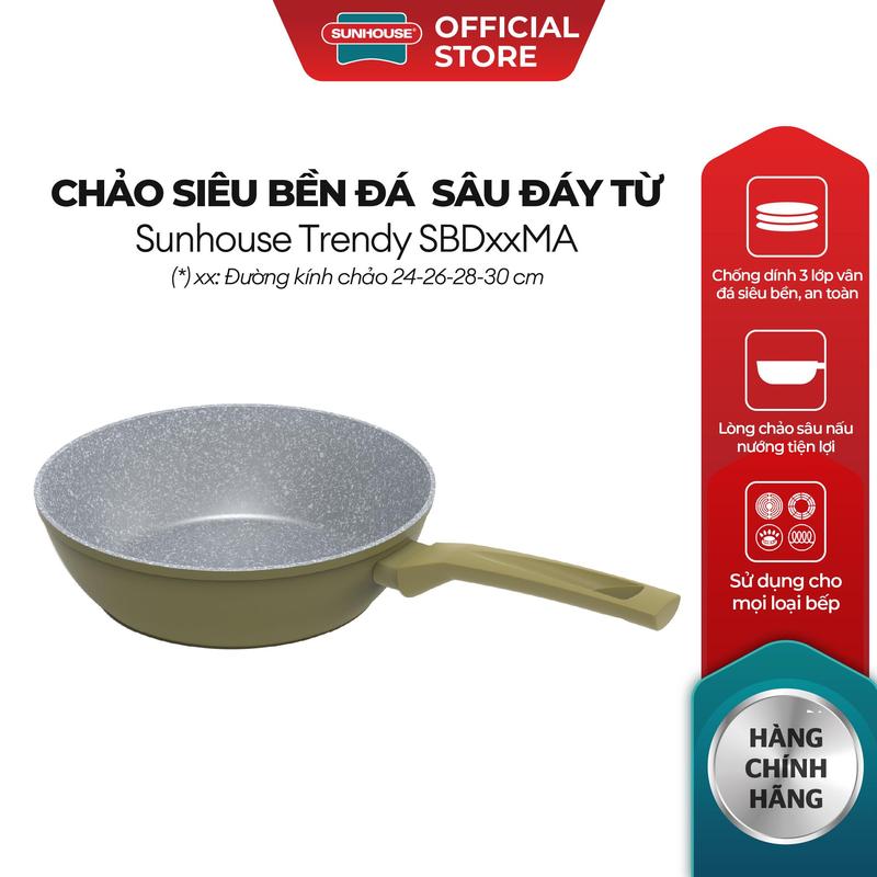 Chảo siêu bền đá sâu đáy từ Sunhouse Trendy SBD24-26-28-30MA - Chống dính 3 lớp - Lòng chảo sâu - Dùng mọi loại bếp