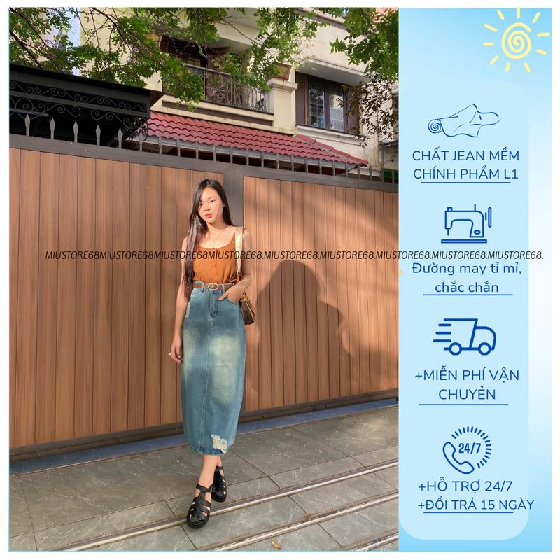  Chân Váy Chữ A Dài Dáng Xẻ Tà Sau,Chân Váy Bò Dài Cạp Cao Siêu Tôn Dáng Che khuyết Điểm M011 Nữ Women 