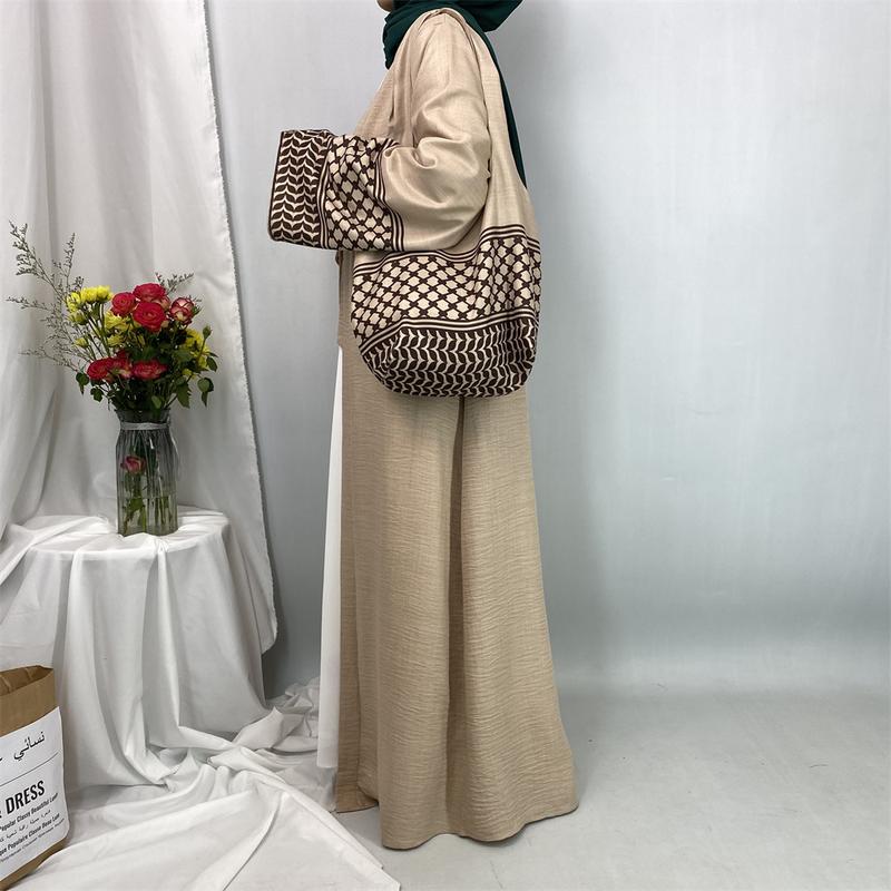 Product Introduction of 1452# 2 PCS set Open Abaya With Crossbody Bag Hot Seller Palestine-Inspired Printed Soft Linen Keffiyeh for Women Muslim 2025 Eid 17