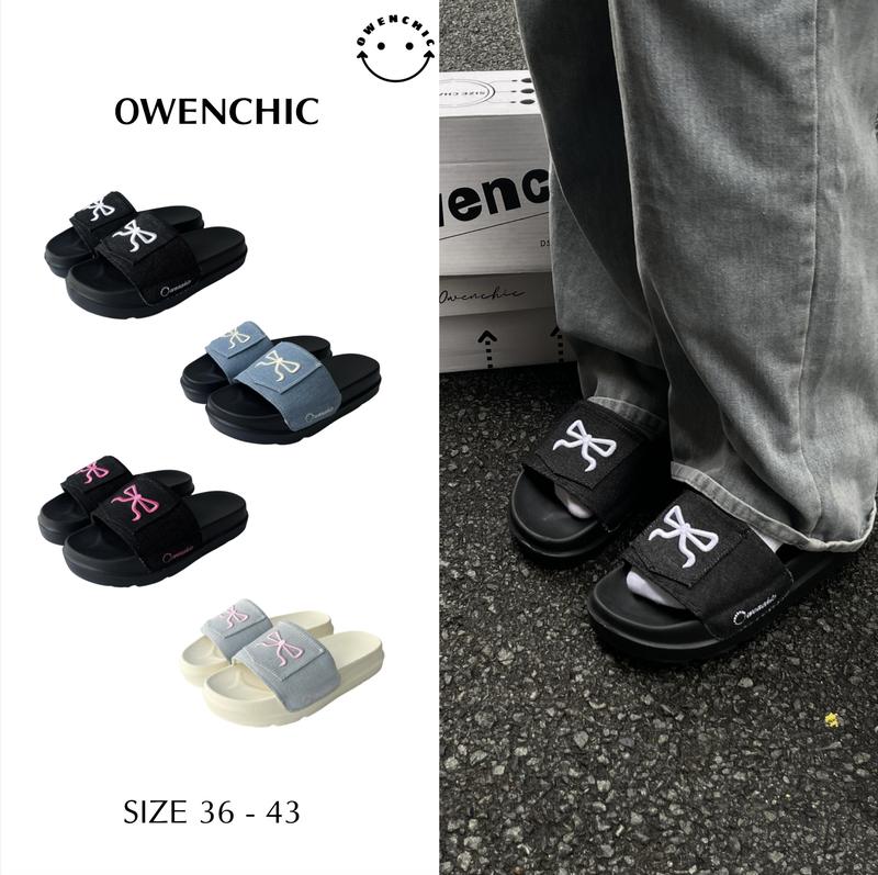 OWC20 Dép Owenchic Quai Ngang Vải Denim Thêu Nơ Dễ Thương Lót Bông Đế Bằng Cao 4cm Êm Chân Kèm Hộp - Hỗ trợ đổi size - Bảo hành keo