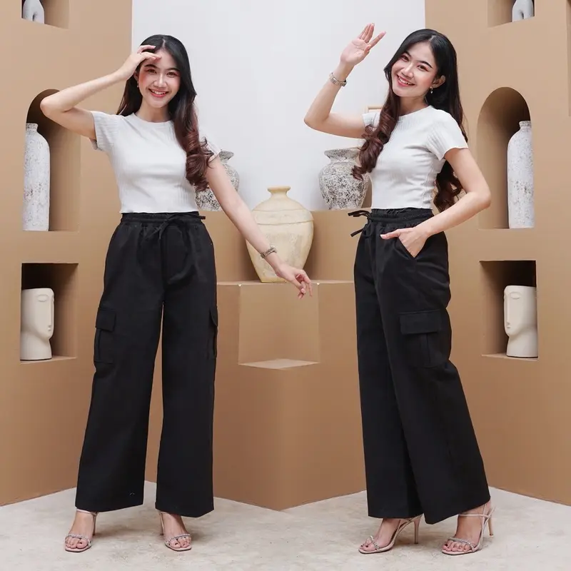Celana Kulot Cargo Highwaist Wanita Kekinian Zyta Full Karet ada Tali Serut Twill Combad 1